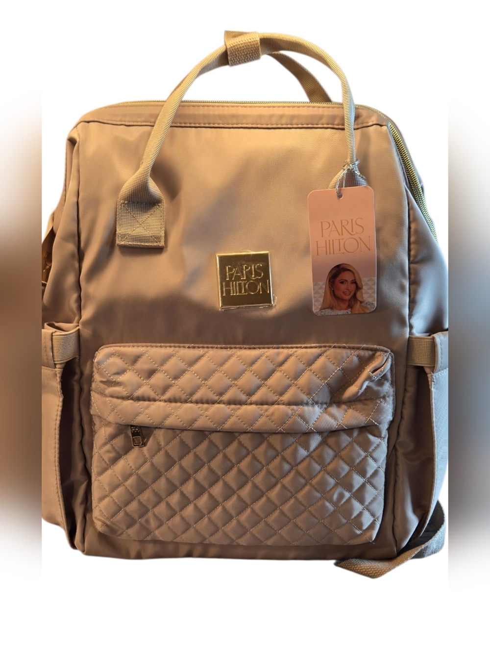Paris Hilton Quilted Backpack Travel Laptop Bag - Beige NWT